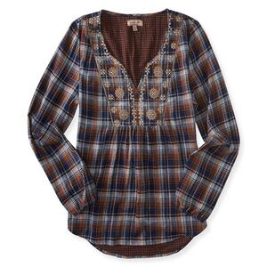 Cape Juby Plaid Embroidered V-Neck Peasant Top - Medium